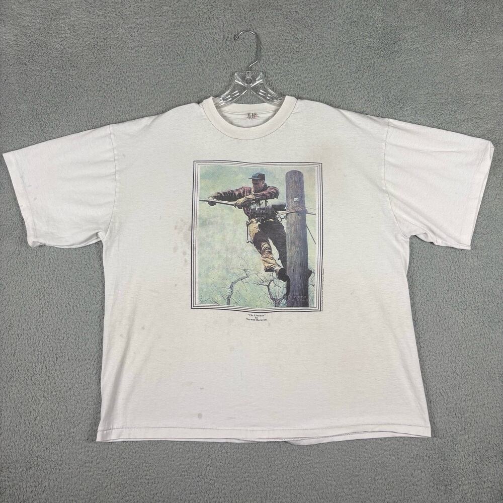 Vtg The Lineman Norman Rockwell T-Shirt Men’s 2XL/XL USA Single Stitch 80s 90s